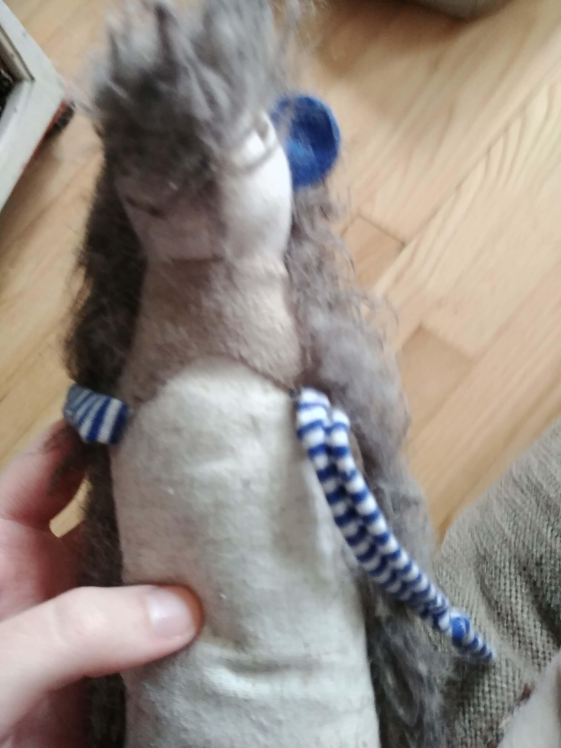 A furry little stuffed animal of indeterminate species that looks the worse for wear and tear. He has two floppy little arms that are now both securely attached 