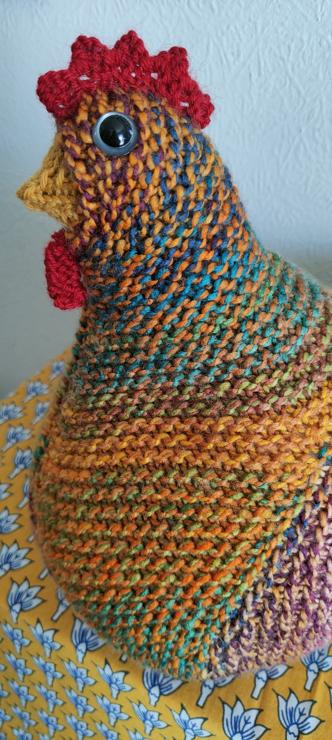 A close up of the head of a multicoloured knitted chicken.