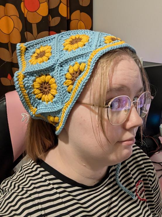 Selfie wearing the finished sunflower bandana