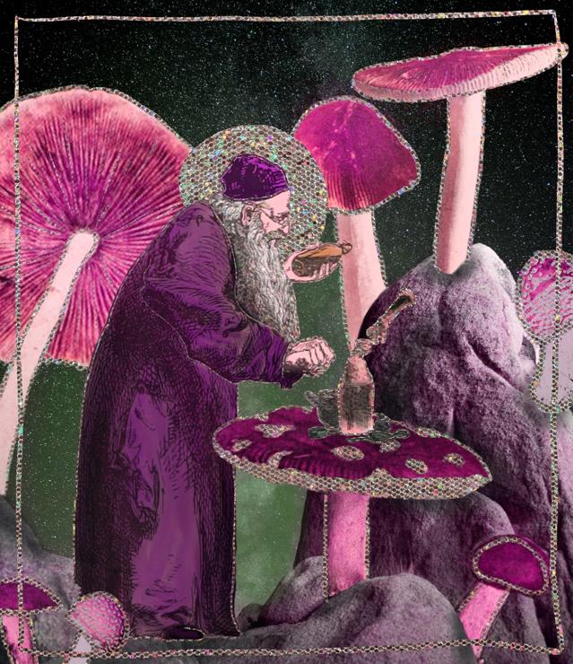 digital collage featuring a vintage drawing of a wizard with long beard making a potion of some sort. i’ve painted the wizard’s robes purple. they are using a large mushroom as a work table. the mushrooms are taken from vintage photographs, i’ve painted them a red/pink color. 

there are more large mushrooms growing from huge rocks, taken from a photo of joshua tree national park. the background is a green tinted starry sky.

i’ve outlined the mushrooms and wizard using a rainbow glitter texture, and used the same texture to give the the wizard a halo/gloriole and slightly glittery beard.