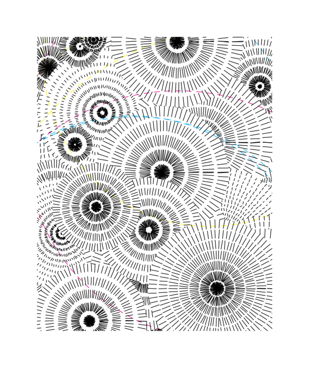 An illustration of many overlapping concentric circular designs made up of small dashed strokes. A few dashed line arcs in magenta, yellow, and cyan are visible randomly over the top.