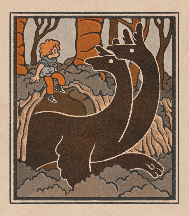 Digital illustration in the style of old print. A two-headed dragon emerges from a cave. It lifts its heads to make eye contact with a tiny, redheaded child sitting above the cave’s entrance.