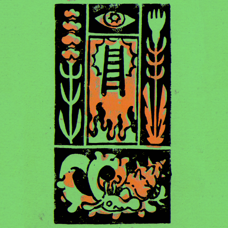 small linoleum print on green paper, with black and bright orange ink. It depicts a vertical composition of a ladder on top of a fire, a snail-dragon creature, and is framed by the sides by a lavender and black mustard flower, and a watchful eye on top.