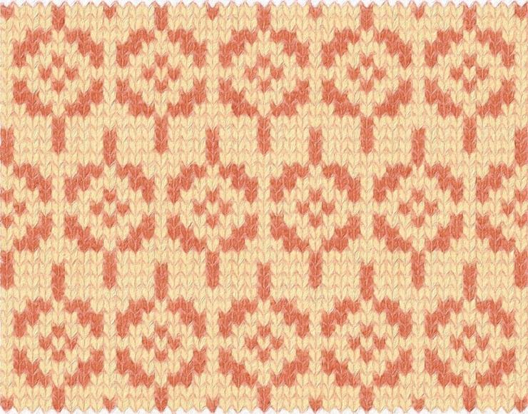 Computer art in coral and muted yellow showing how the Cedar charted design might look as stranded knitting. Geometric four-petaled flowers are surrounded by shapes like leaves in almost-diamonds. They are in alternation from row to row.