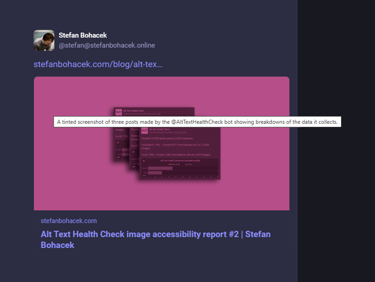 A screenshot of a Mastodon post where an article is shared. The featured image thumbnail is overlaid with a tooltip that contains the alt text describing the image.