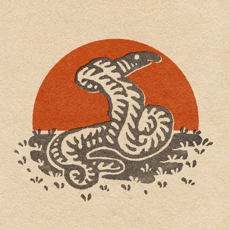 Digital art of a serpentine creature sitting on a small patch of grass. The style is similar to a woodcut print.