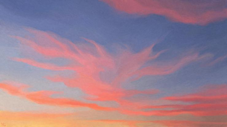 Digital painting of a sunset sky, a gradient of a pale blue to yellow, with wispy pink clouds fanned out across the whole span of the frame.